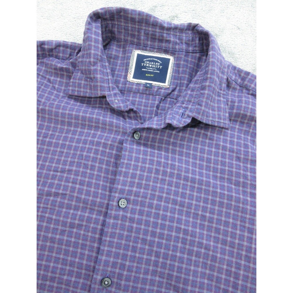 Charles Tyrwhitt Shirt Men's Sz XL Slim Fit Soft Buttoned Down Plaid Purple